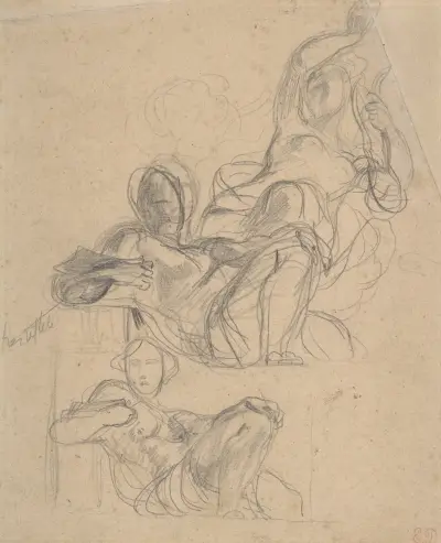 Studie ležící postavy a sedící postavy s lýrou, Eugène Delacroix