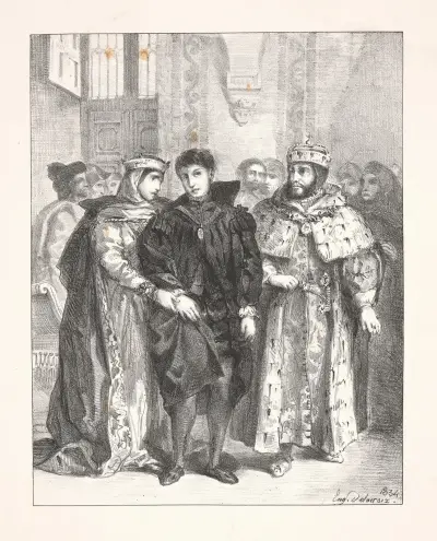 Królowa próbuje pocieszyć Hamleta (akt I, scena II), Eugène Delacroix