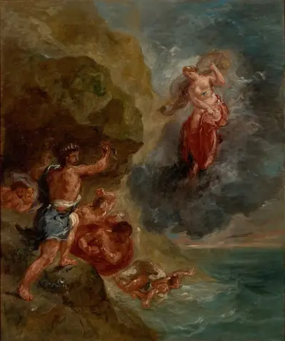 Der Winter – Juno bittet darum, die Flotte des Aeneas zu zerstören von Eugène Delacroix