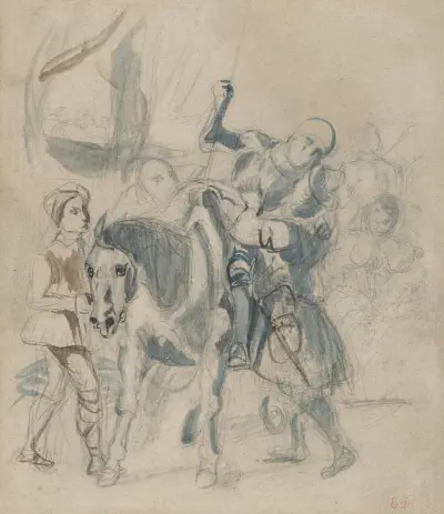The Wounded Goetz von Berlichingen Takes Refuge in a Gypsy Camp av Eugène Delacroix