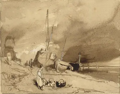 Plaża (Łodzie rybackie na plaży, burzowe chmury w oddali), Eugène Isabey