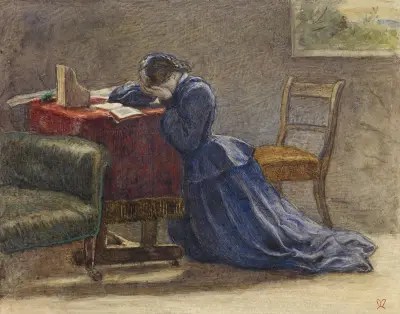 Żona – twarz ukryta w dłoniach, klęcząca na dywanie, Sir John Everett Millais