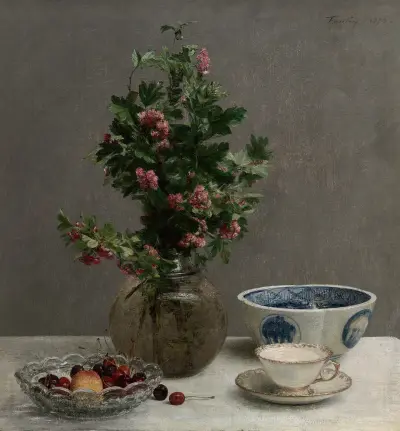 Stilleben mit Weißdornstrauß, Schale mit Kirschen, japanischer Schale sowie Tasse und Untertasse von Henri Fantin-Latour