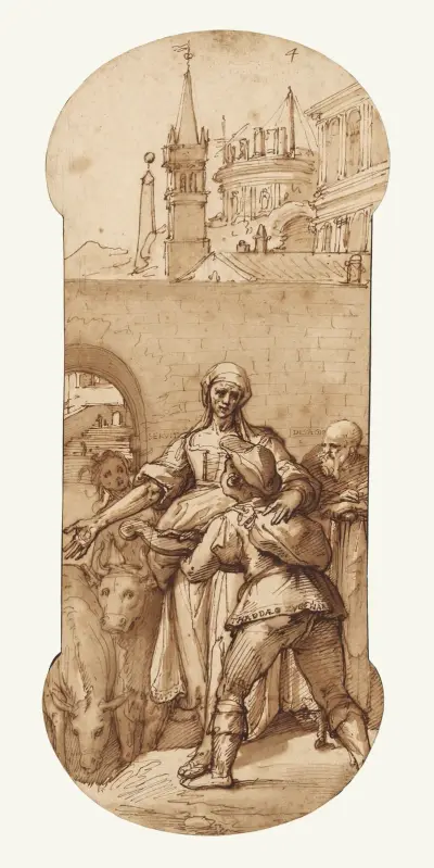 Taddeo at the Entrance to Rome Greeted by Toil, Servitude, and Hardship, and by Obedience and Patience (the Ass and Ox) av Federico Zuccaro