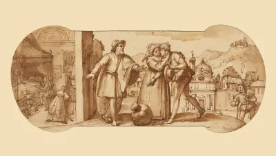 Taddeo Returning Home with the Sack of Stones and in Bed Recovering from His Fever av Federico Zuccaro