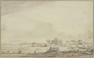 Landschaft mit zerstreuten Hütten, links sind Leute mit der Ernte beschäftigt von Ferdinand Bol