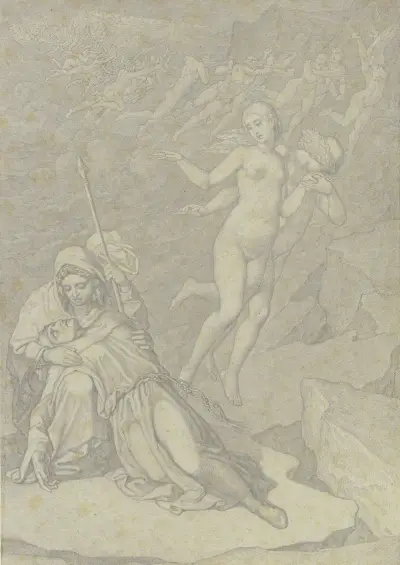 Francesca a Paolo vznášející se společně ve druhém kruhu pekla, vlevo naříkající Dante, kterého utěšuje Vergilius, Ferdinand Fellner