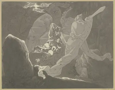 Hřbitovní scéna (rytíř na márách, duchové na něj útočí), Ferdinand Fellner