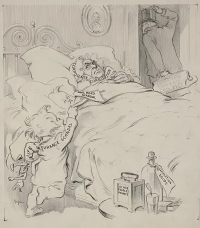 Two toddlers, ‘Life Insurance Scandal’ and ‘Rail Road Scandal,’ climb into bed with ‘Corporate Corruption’ av Joseph Ferdinand Keppler