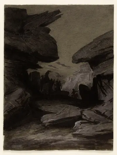 Cérémonie dans les rochers Etude de deux hommes dont l’un avec une épée av Fernand Cormon