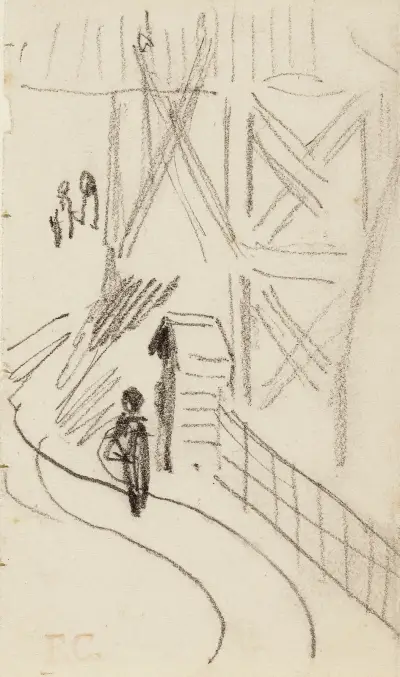 Guérite au bord d’une rue devant une tour avec un personnage en faction av Fernand Cormon