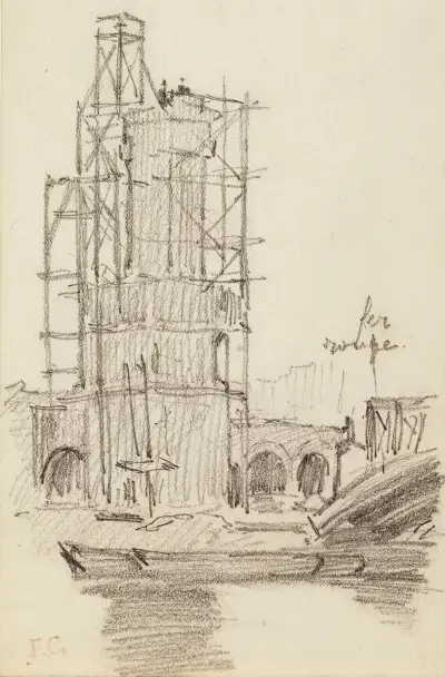 Tour en construction au bord d’un fleuve av Fernand Cormon