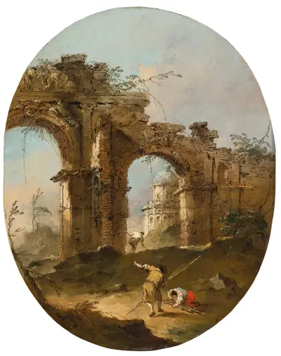 Architektonické capriccio s figurami u zříceného oblouku, Francesco Guardi