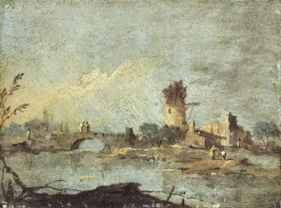 Venkovské capriccio s mostem a zřícenou věží, Francesco Guardi