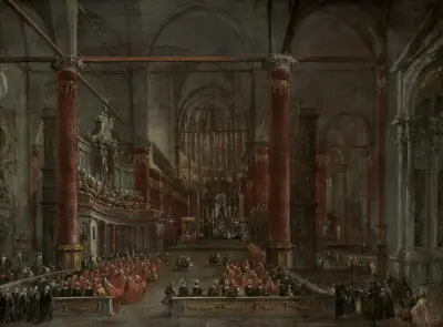 Papežský obřad v SS. Giovanni e Paolo, Benátky, 1782, Francesco Guardi