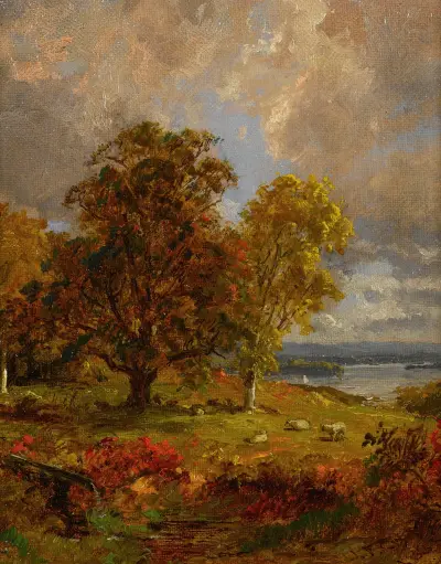 Landschaft mit Bäumen und Schafen an einem Wäldchen von Jasper Francis Cropsey