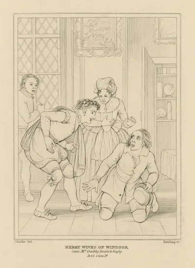 Merry wives of Windsor, Caius, Mrs. Quickly, Simple, & Rugby, act I, scene IV av William Francis Starling