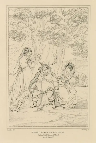 Merry wives of Windsor, Falstaff, Mrs. Page, Mrs. Ford, act V, scene V av William Francis Starling