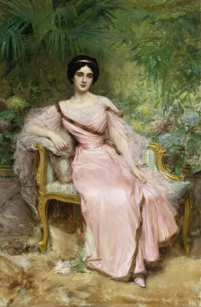 Portrét Suzanne Hudelo, rozené Armand, sedící ve skleníku, Léon François Comerre
