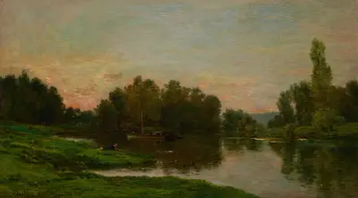 Malířův nákladní člun u Île de Vaux na řece Oise, Charles François Daubigny