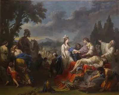 Les deux veuves d’un chef indien se disputant les honneurs du bûcher av Louis-Jean-François Lagrenée