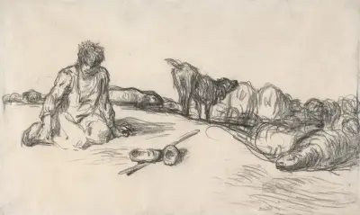 A Seated Shepherd with His Dog and Sheep av Jean-François Millet