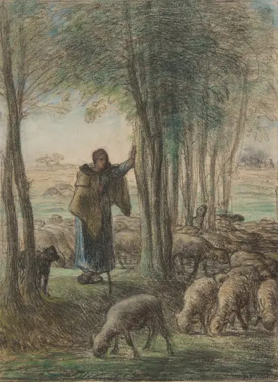 A Shepherdess and Her Flock in the Shade of Trees av Jean-François Millet