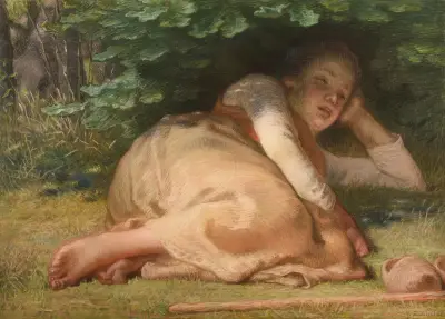 Bergère dormant à l’ombre d’un buisson de chênes av Jean-François Millet