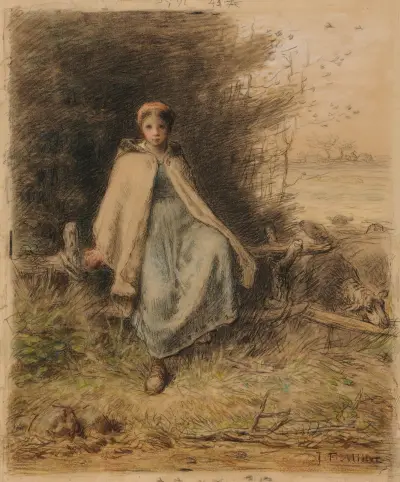 Jeune bergère assise sur une barrière av Jean-François Millet