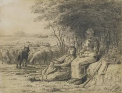 Two Shepherdesses and their Flock av Jean-François Millet