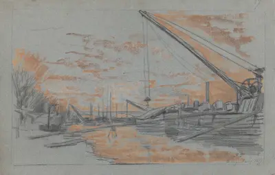 Bercy – Paris (bord de Seine avec chalands à l’ancre en cours de chargement, soleil couchant) av Jean-François Taelemans
