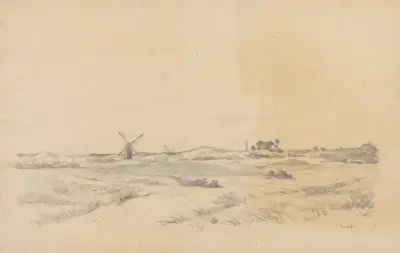 Coxyde- vue de la campagne avec moulins et village à l’horizon av Jean-François Taelemans
