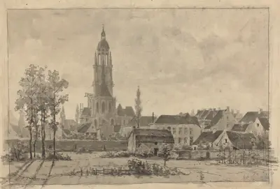 Hal- (vue arrière de l’église, pré, maisonnette et bouquet d’arbres à l’avant-plan) av Jean-François Taelemans