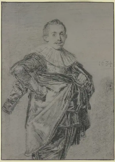 Stojící mladý muž s pláštěm a hladkým límcem, poloviční postava, Frans Hals