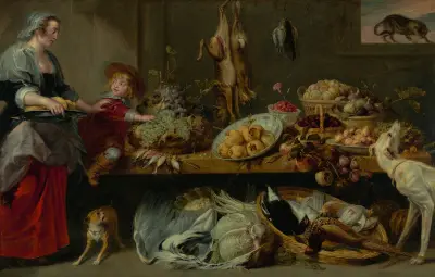 Kuchyňské zátiší s kuchařkou a mladým chlapcem, Frans Snyders
