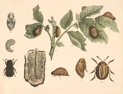 A. Coloradokäfer (Doryphora decemlineata). b. Dessen Larve. c. Puppe. d. Eier. e. Kartoffelplanze mit Eiern, Larve und Käfer. f. Fichtenborkenkäfer (Bostrichus typographus). g. Larve, h. Puppe. i. Borkenstück mit Haupt= und Larvengängen, Franz Engleder