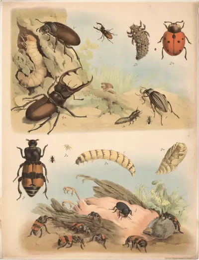 Goldlaufkäfer  Totengräber  Aaskäfer  a Hirschkäfer Männchen  b Weibchen  c Larve., Franz Engleder