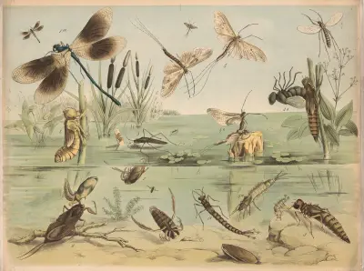 La. Gem. Seejungfer, Weibchen. b. Larve der Seejungfer. . Larve des gem. Plattbauches. . Larve der Schmaljungfer. b. Auskriechende Schmaljungfer. . Eintagsfliege. . Sumpfwasser=Läufer. . Wasserskorpion., Franz Engleder