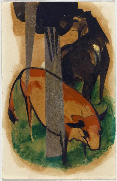 Czerwony koń i żółte krowy (czarnobrązowy koń i żółte krowy), Franz Marc