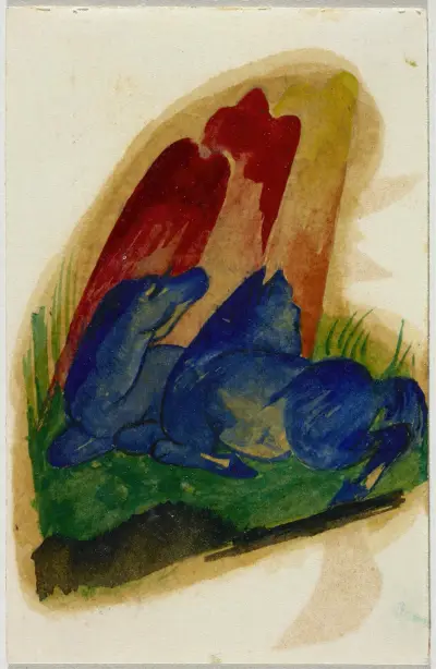 Dwa niebieskie konie przed czerwoną skałą, Franz Marc