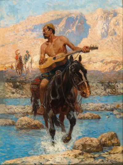 A Rider with Guitar Crossing a Ford, Franz Roubaud