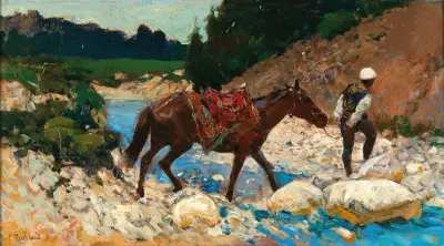 An Equestrian Crossing a Ford, Franz Roubaud