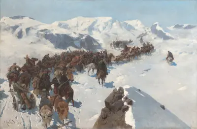 Crossing by Argutinsky through the snowy mountains of the Caucasus in 1853, Franz Roubaud
