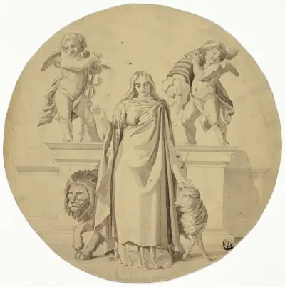 Allegorical Female Figure with Lion, Lamb, Two Putti av Frederic Leighton