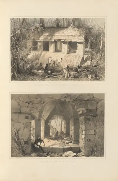 1. Principal court of the palace at Palenque. 2. Interior of Casa No. 3 Palenque av Frederick Catherwood