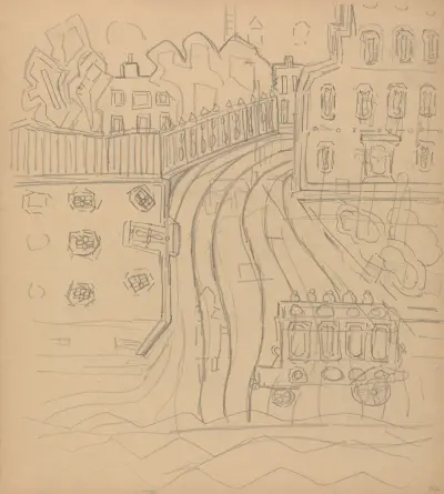 Cave of the Golden Calf; City Street with Omnibus av Spencer Frederick Gore