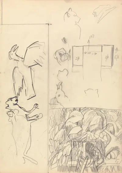 Jeskyně zlatého telete; studie stromových domů, zvířat a půdorysu, Spencer Frederick Gore