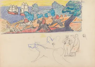 Jeskyně zlatého telete; studie pro nástěnnou malbu Deer Hunting, Spencer Frederick Gore