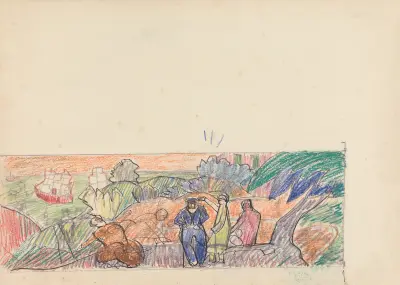 Jeskyně zlatého telete; Studie k nástěnné malbě, gentleman v popředí, Spencer Frederick Gore