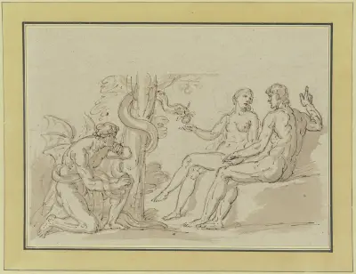 Der Sündenfall, am Baum der Erkenntnis kauert ein Dämon von Heinrich Friedrich Füger